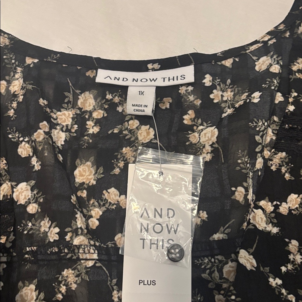 And Now This Black Floral chiffon v neck top SZ 1X plus size puffy sleeve NWT - Picture 3 of 14